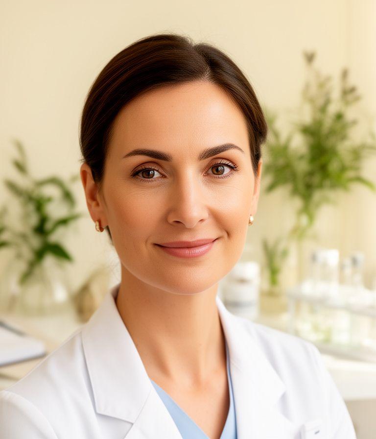 Dr. Helena Berg in einem hellen Zürcher Studio mit botanischen Proben, Notizbuch und fein ausgeleuchtetem Portrait