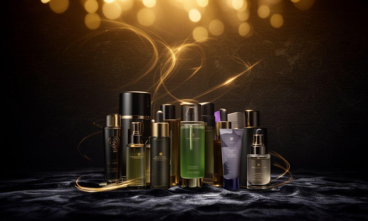 Antike Mittelmeerkarte mit goldenen Lichtakzenten und eleganten Naturkosmetik-Flakons auf einem dunklen Samtuntergrund