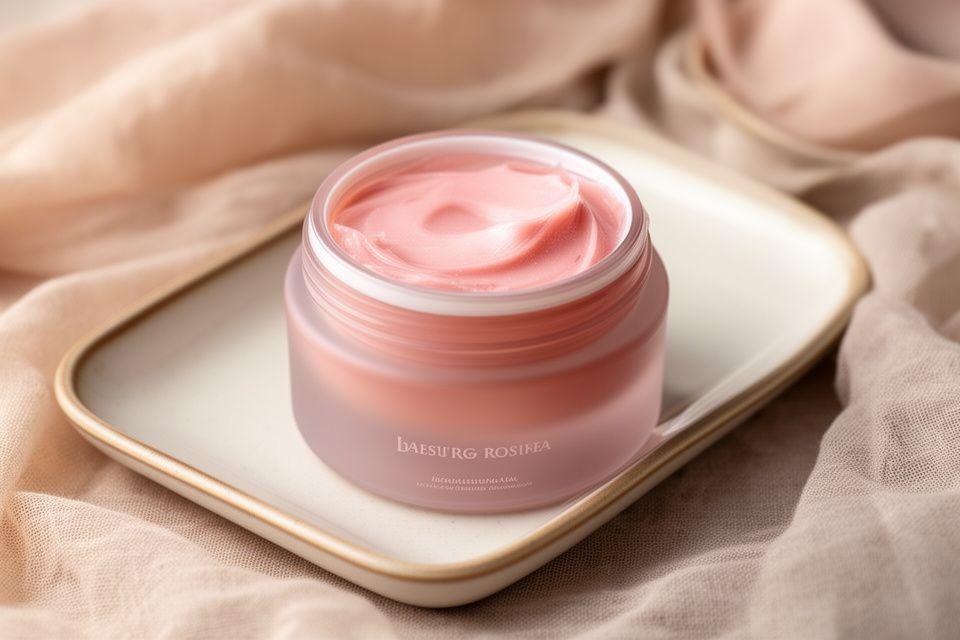 Luxuriöse Gesichtsmaske in Rosé auf einem Keramiktablett neben weichen Tüchern und diffuser Fensterhelligkeit