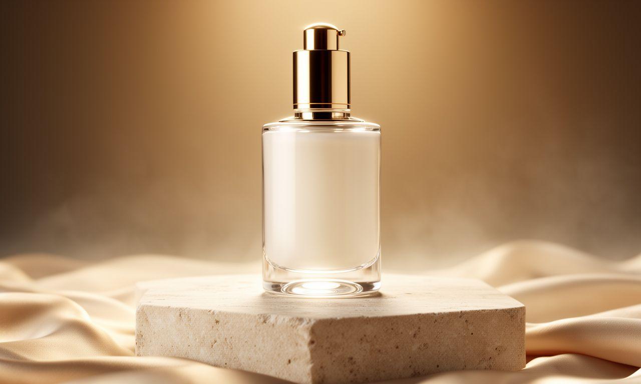 Elegante Serumflasche auf hellem Steinpodest mit goldenem Licht und stiller Studioatmosphäre