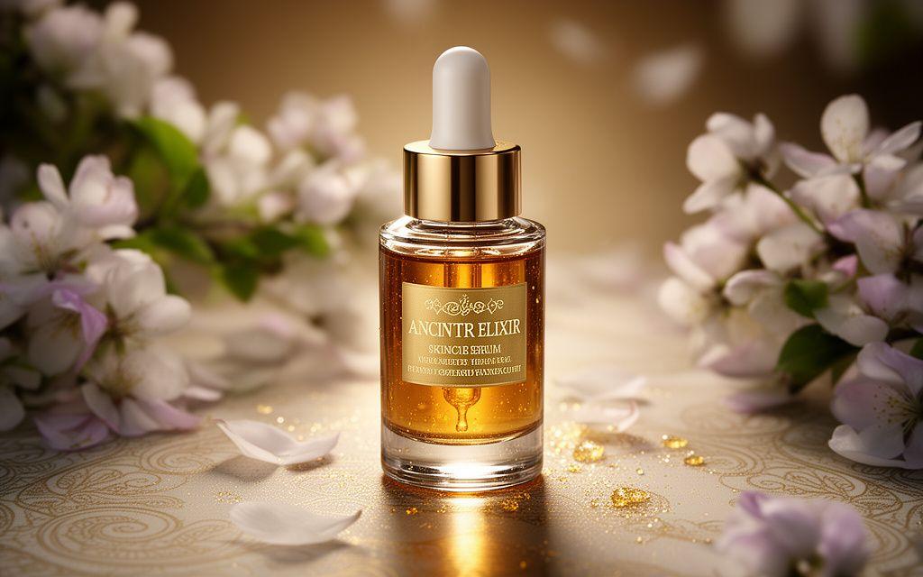 Glasflakon des Serums Ambrosia Elixier neben sanften Blüten und goldenen Reflexen auf einer luxuriösen Oberfläche
